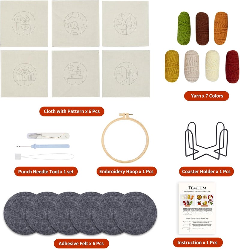 Temlum Punch Needle Coasters Kit, Punch Needle Embroidery Kit for Beginners and Adults Including Patterns, Tools, Yarns, Hoop, Instruction, Coaster Holder Coaster Art Craft Supplies (Plants) - Image 2